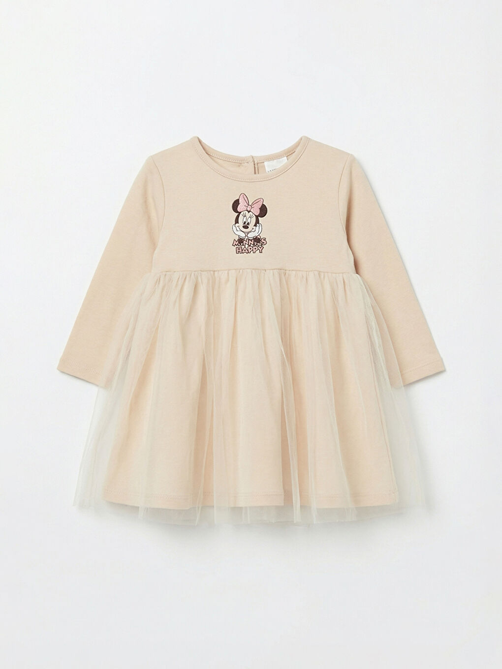 Bej Minnie Mouse Baskılı Kız Bebek Tüllü Elbise