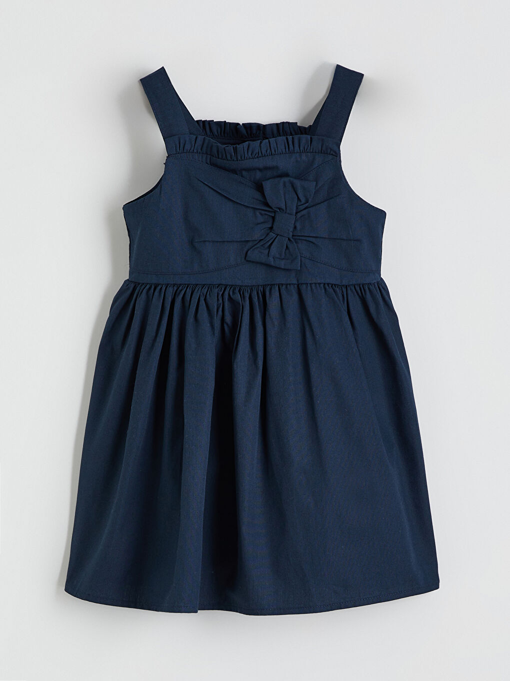 Lacivert Kare Yaka Fiyonklu Kız Çocuk Elbise