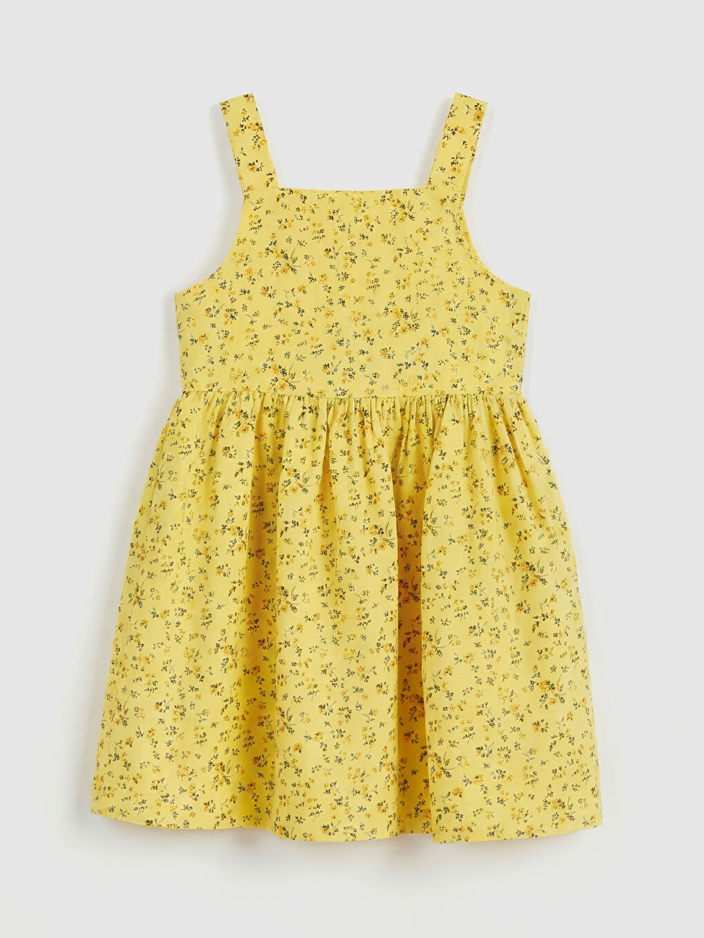 Sarı Kare Yaka Çiçekli Fiyonklu Kız Çocuk Elbise-1