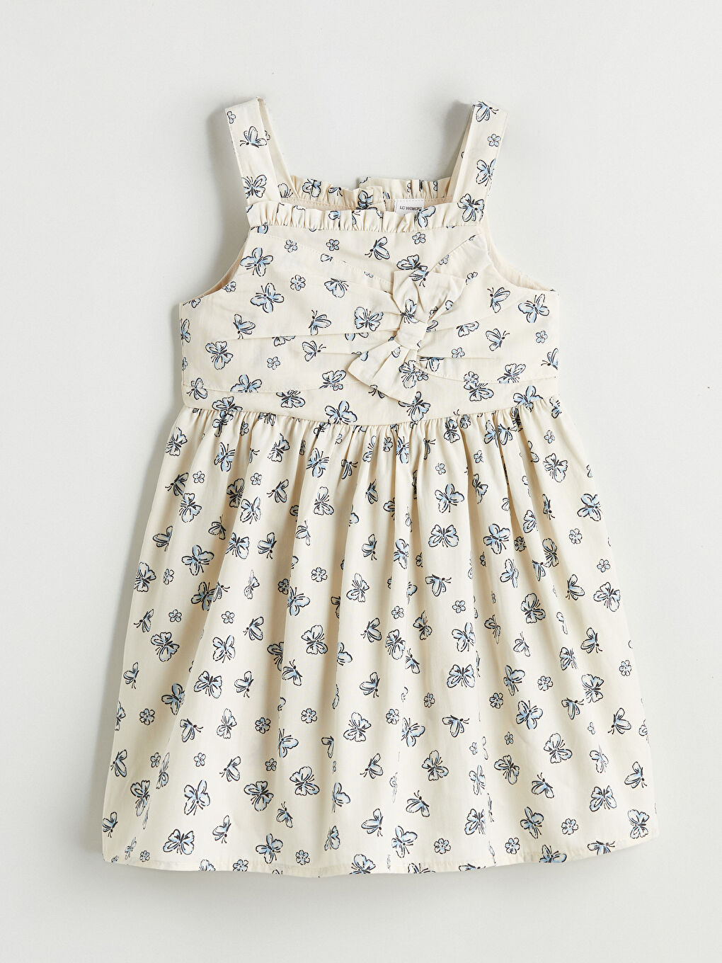 Ekru Kare Yaka Fiyonklu Kız Çocuk Elbise