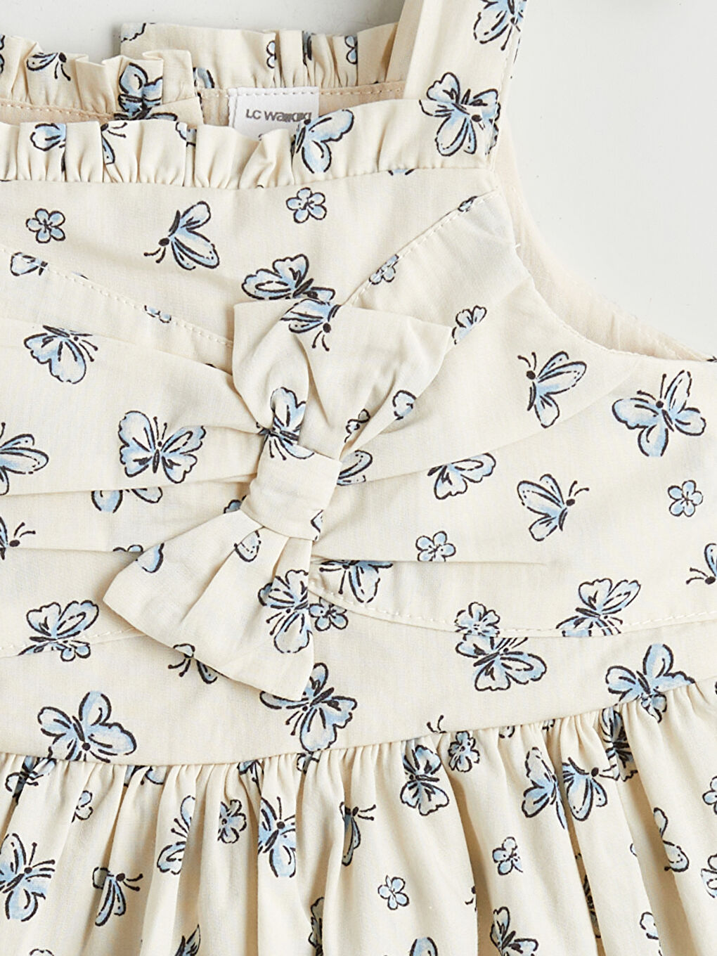 Ekru Kare Yaka Fiyonklu Kız Çocuk Elbise-1