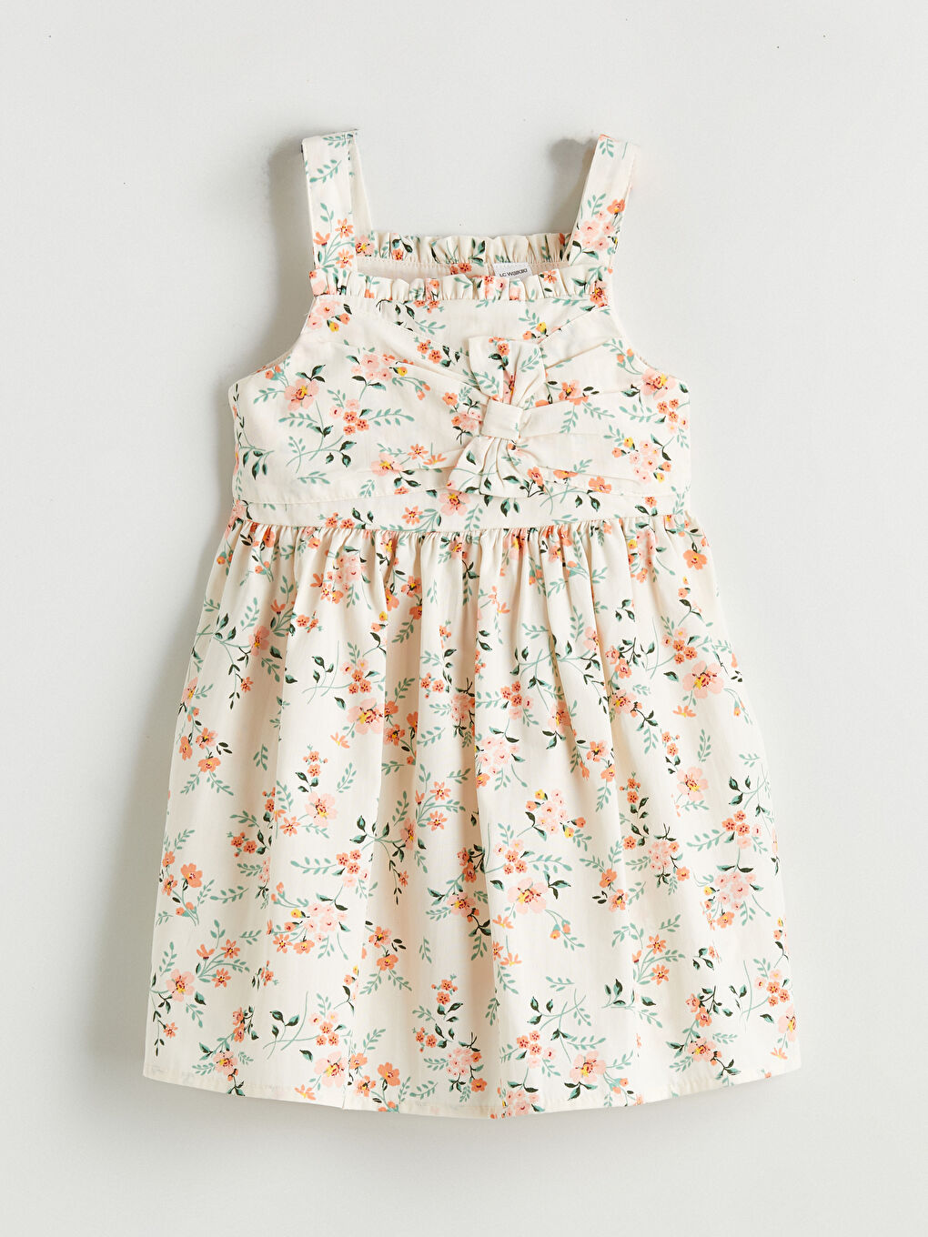 Sarı Kare Yaka Çiçekli Fiyonklu Kız Çocuk Elbise