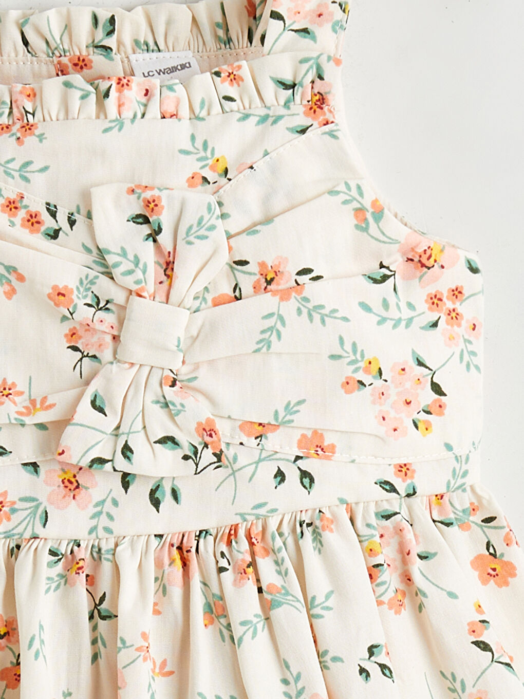 Sarı Kare Yaka Çiçekli Fiyonklu Kız Çocuk Elbise-1