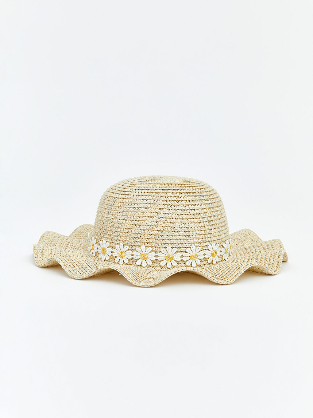 Bej Çiçekli Kız Çocuk Hasır Şapka