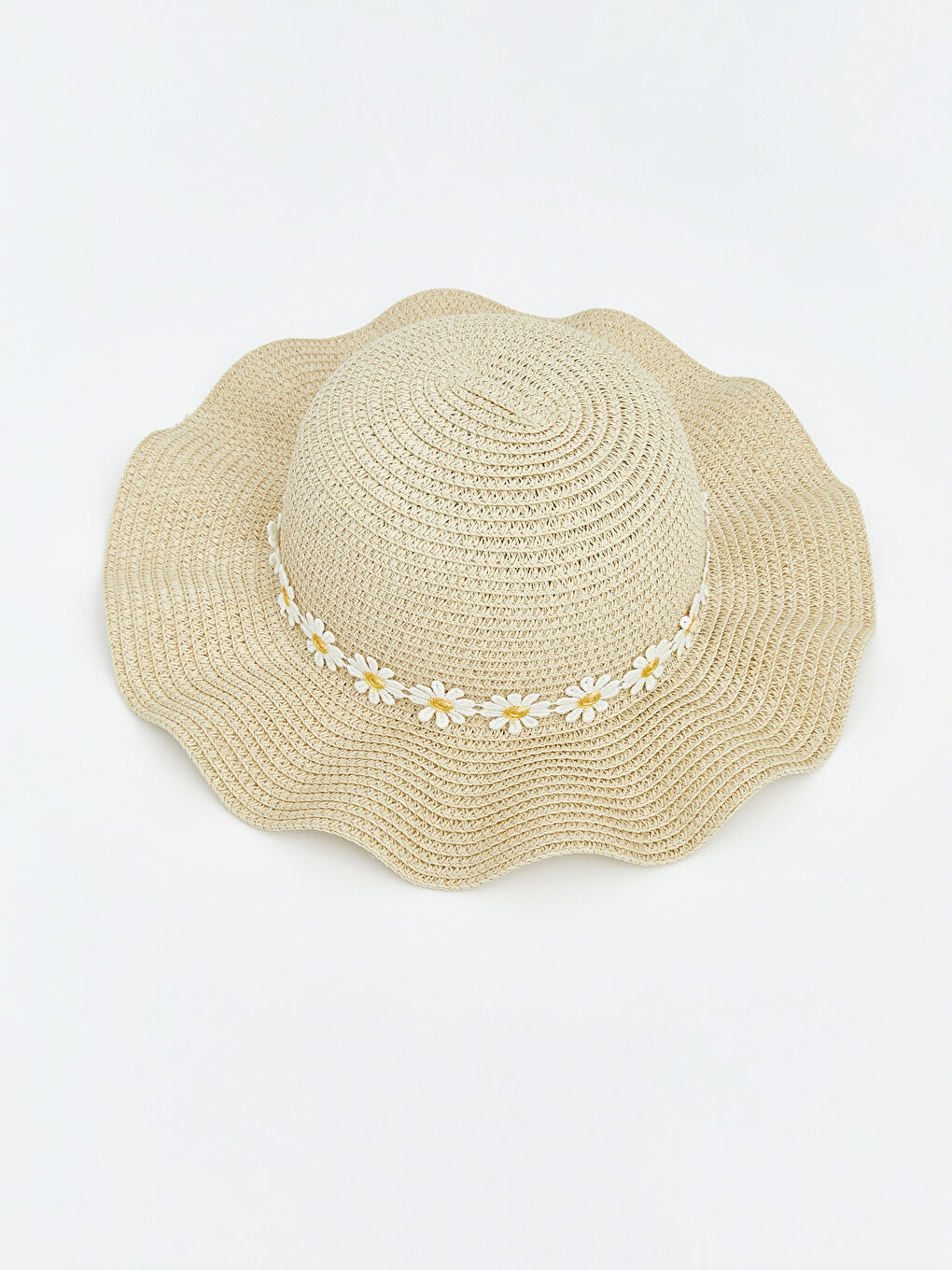 Bej Çiçekli Kız Çocuk Hasır Şapka-1