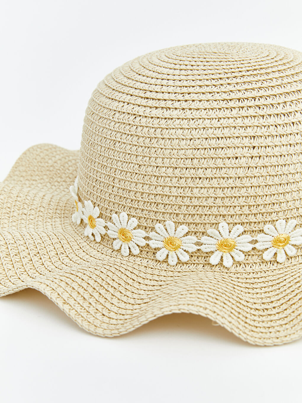 Bej Çiçekli Kız Çocuk Hasır Şapka-2