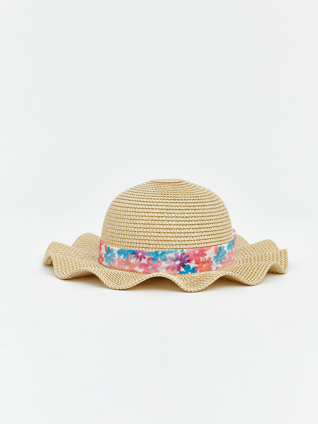 Bej Desenli Kız Çocuk Hasır Şapka