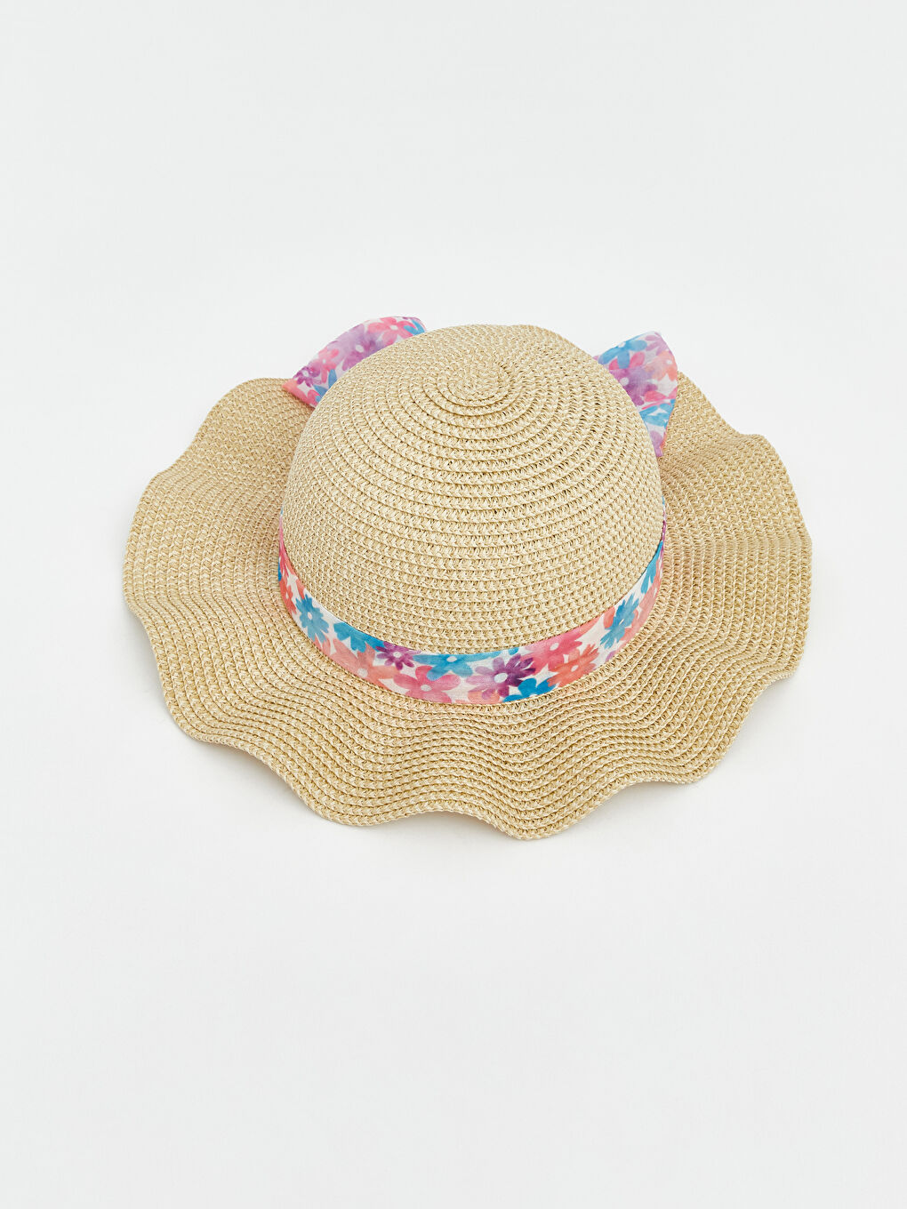 Bej Desenli Kız Çocuk Hasır Şapka-1