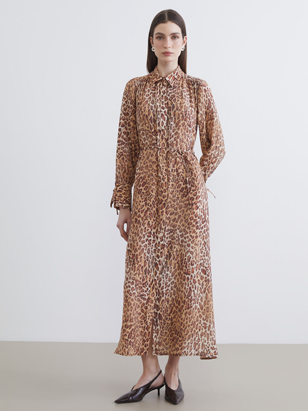 Bej Leopar Desenli Modal Karışımlı Gömlek Elbise-1