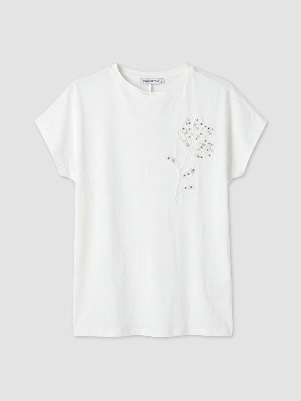 Beyaz Bisiklet Yaka Taşlı Kadın Tişört