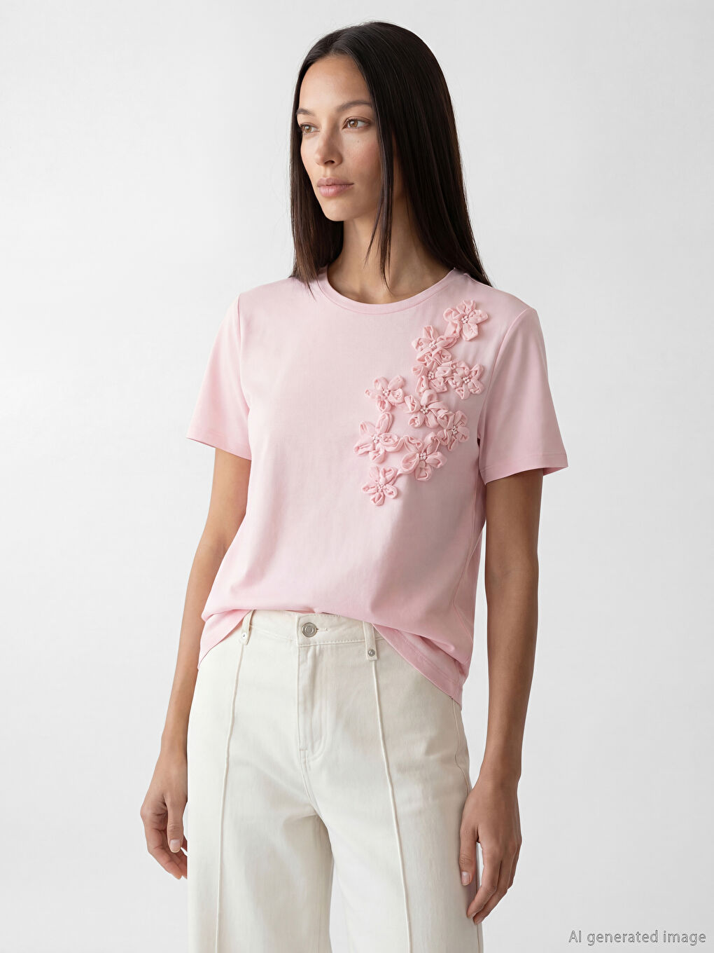 Crew Neck Floral Appliqué Blouse