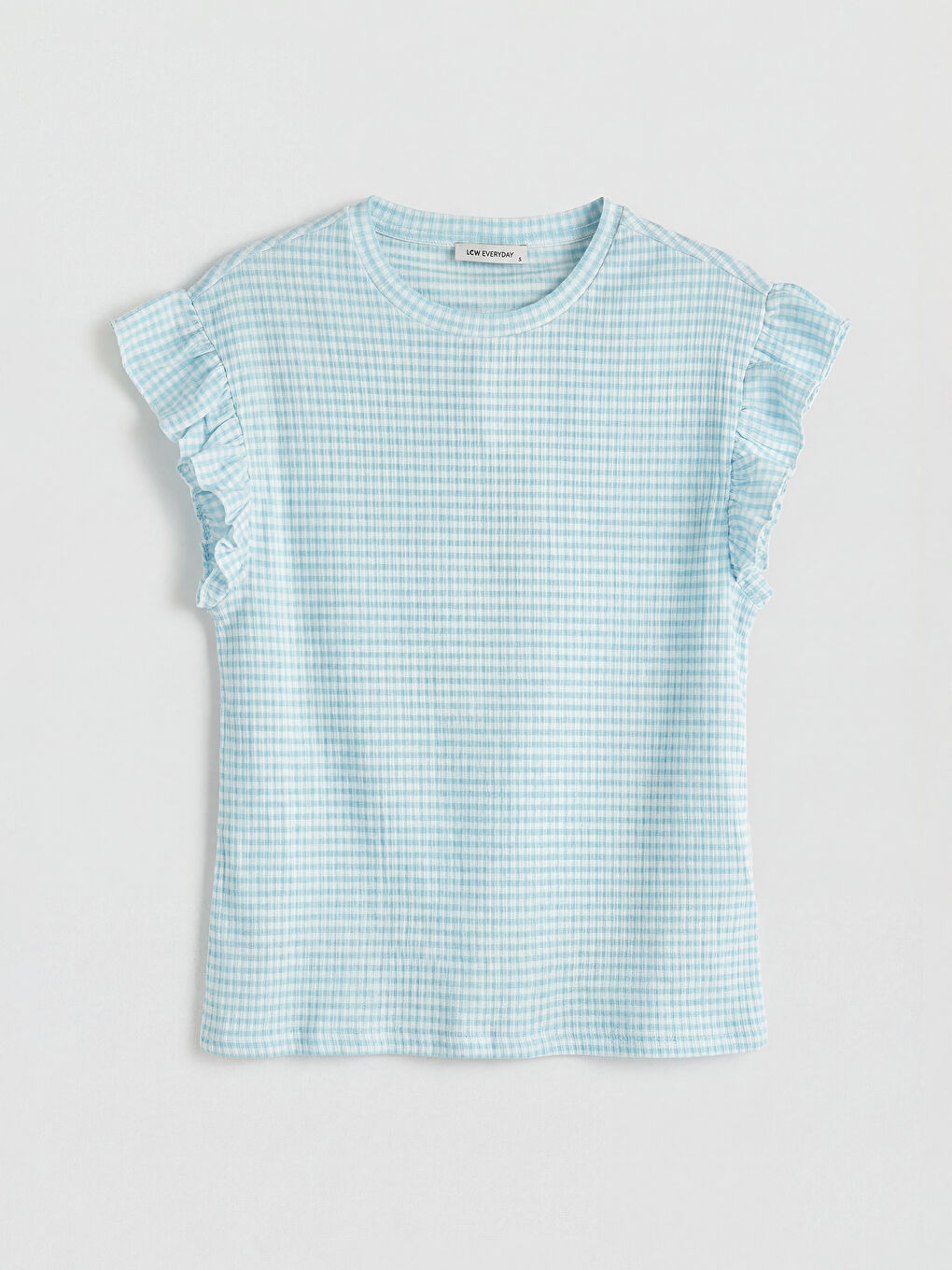 Crew Neck Plaid Frilled Blouse-3