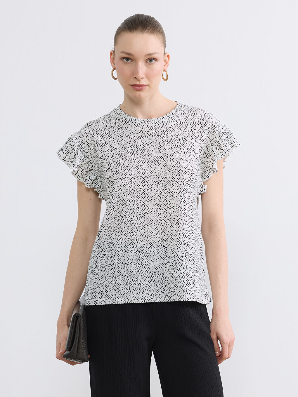 Crew Neck Patterned Frilled Blouse