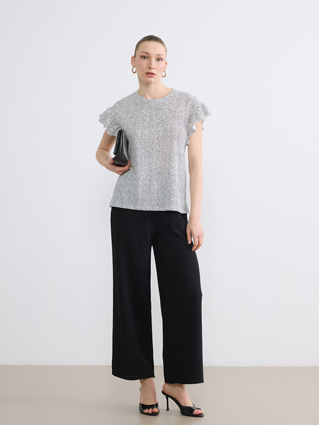 Crew Neck Patterned Frilled Blouse-1