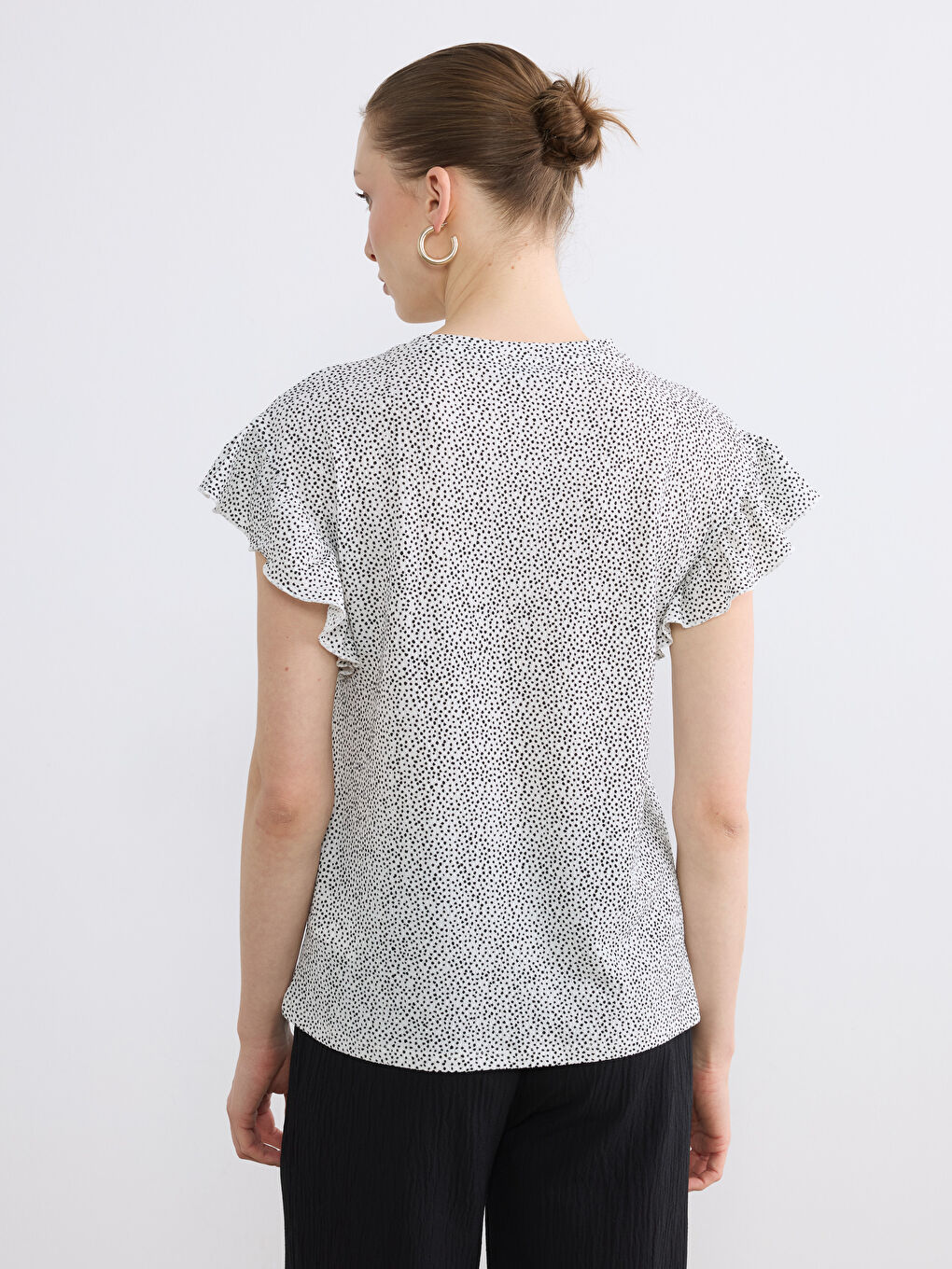 Crew Neck Patterned Frilled Blouse-3