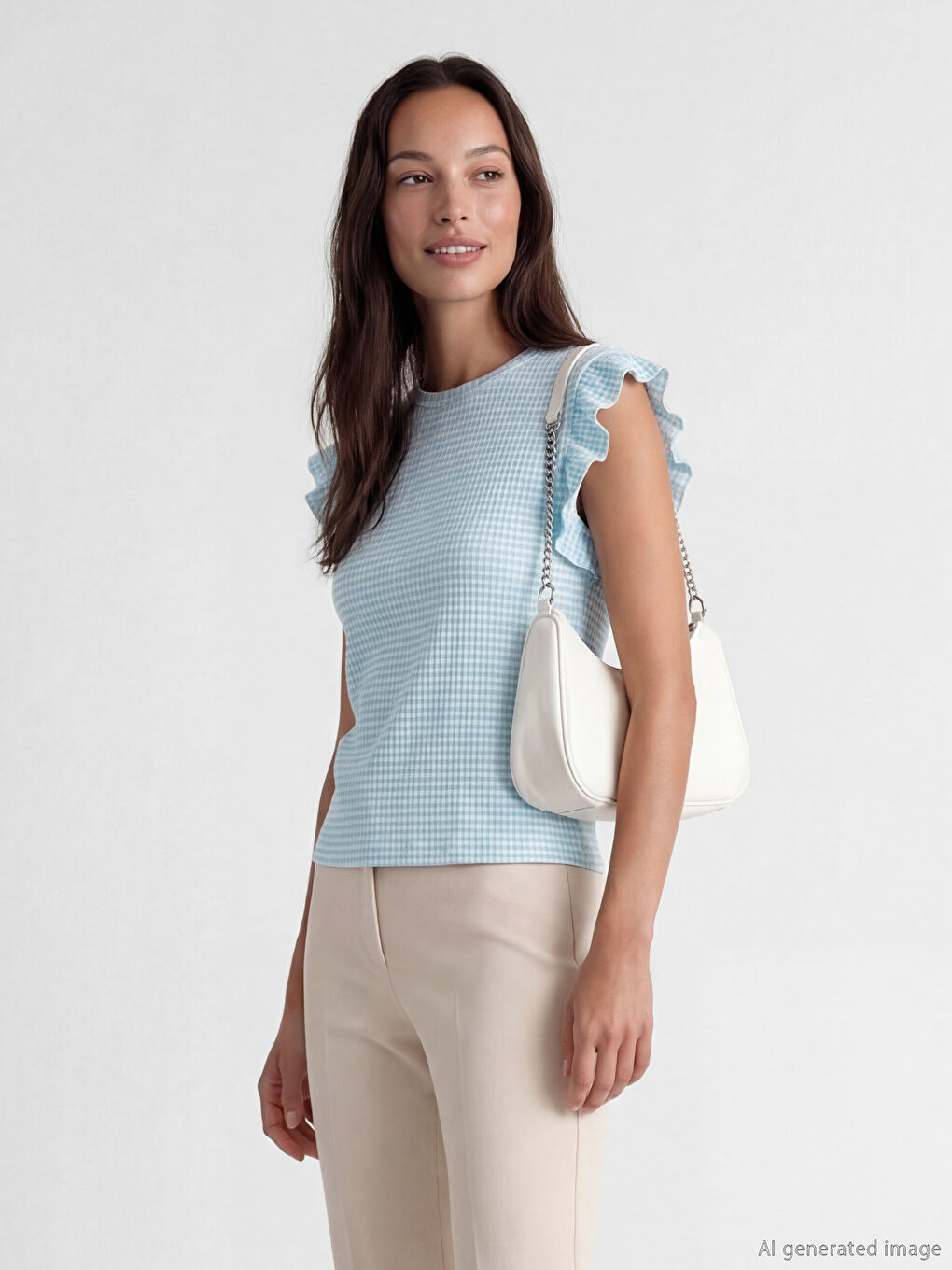 Crew Neck Plaid Frilled Blouse