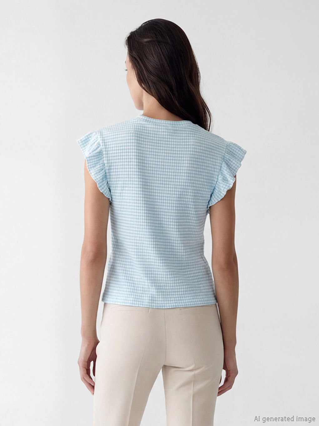 Crew Neck Plaid Frilled Blouse-2