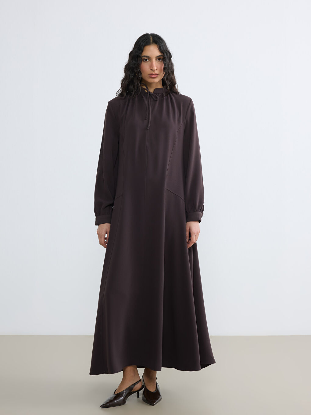 Tie-Neck Ruched Crepe Dress