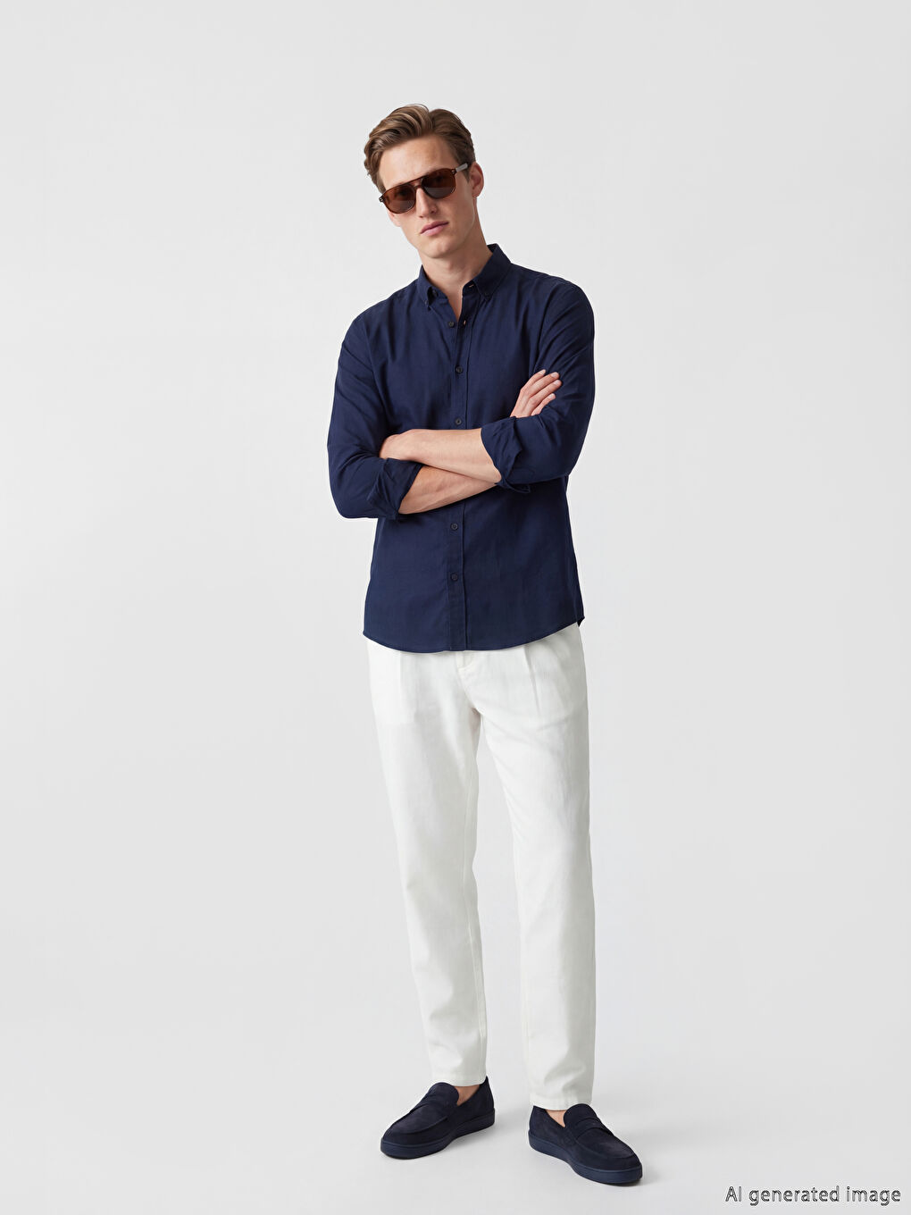 Beyaz Standart Kalıp Keten Görünümlü Erkek Pileli Pantolon