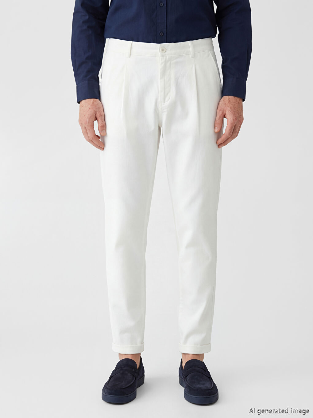 Beyaz Standart Kalıp Keten Görünümlü Erkek Pileli Pantolon-1