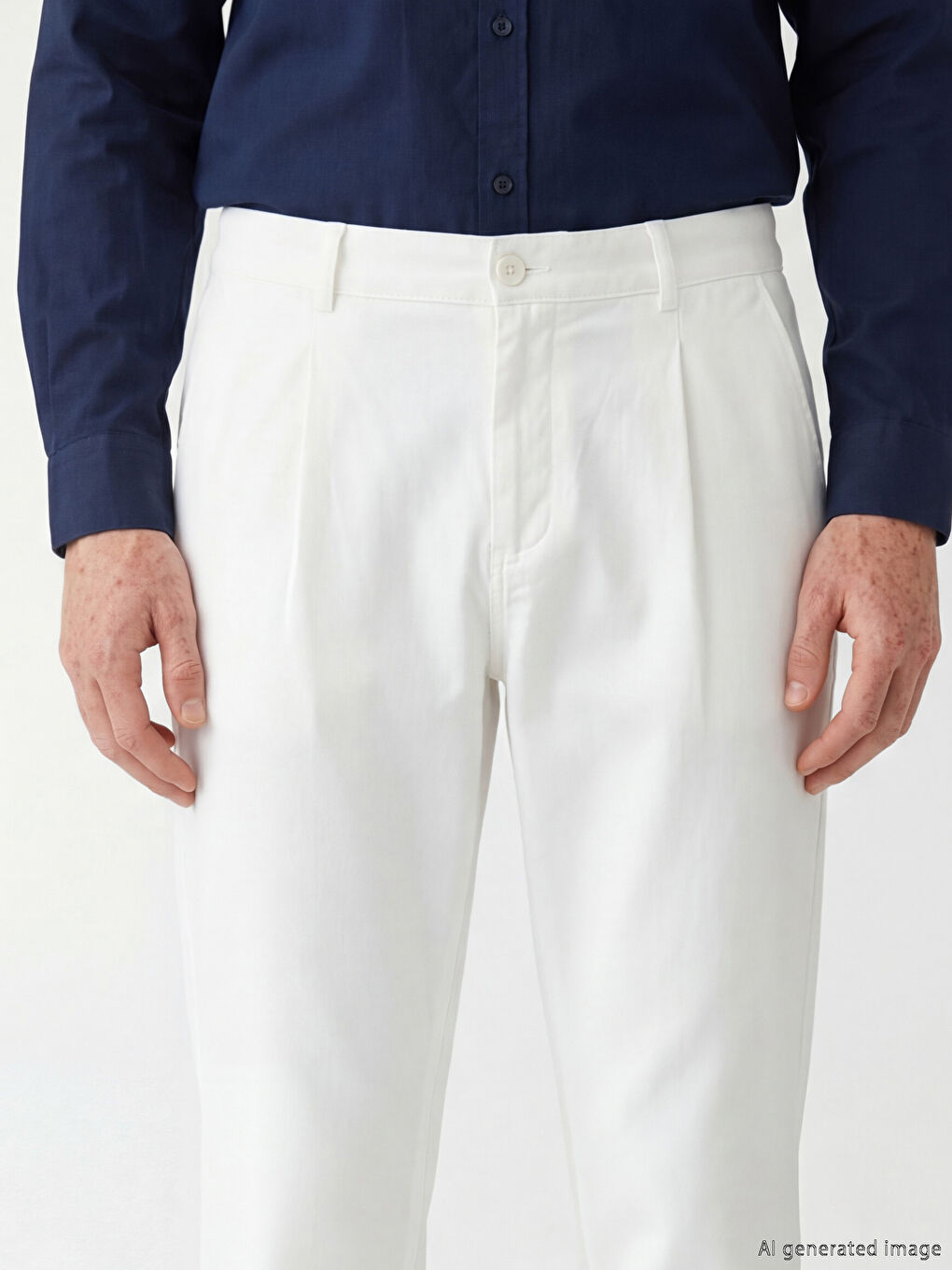 Beyaz Standart Kalıp Keten Görünümlü Erkek Pileli Pantolon-2