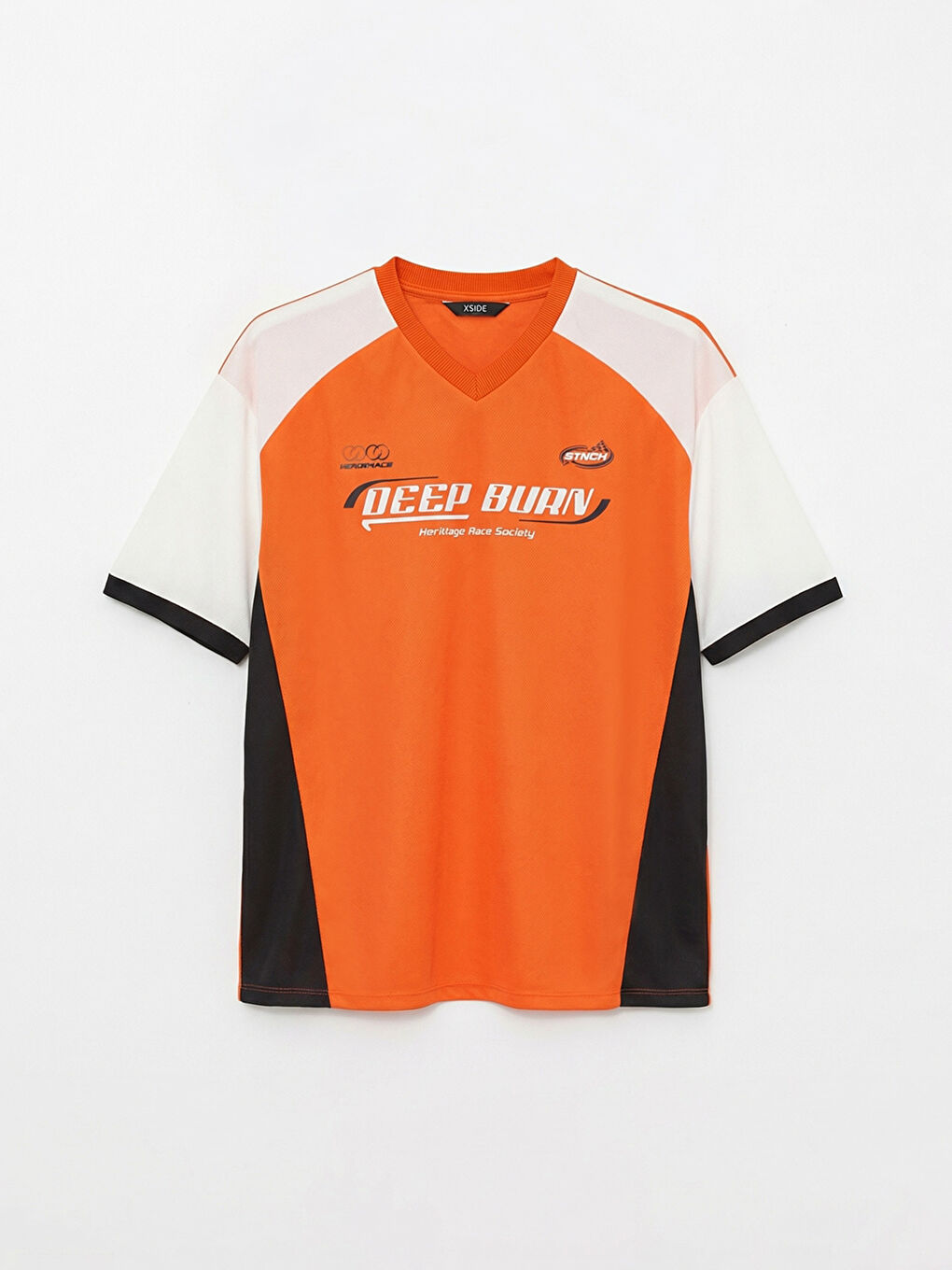 Turuncu V Yaka Baskılı Bol Kalıp Erkek Tişört-4