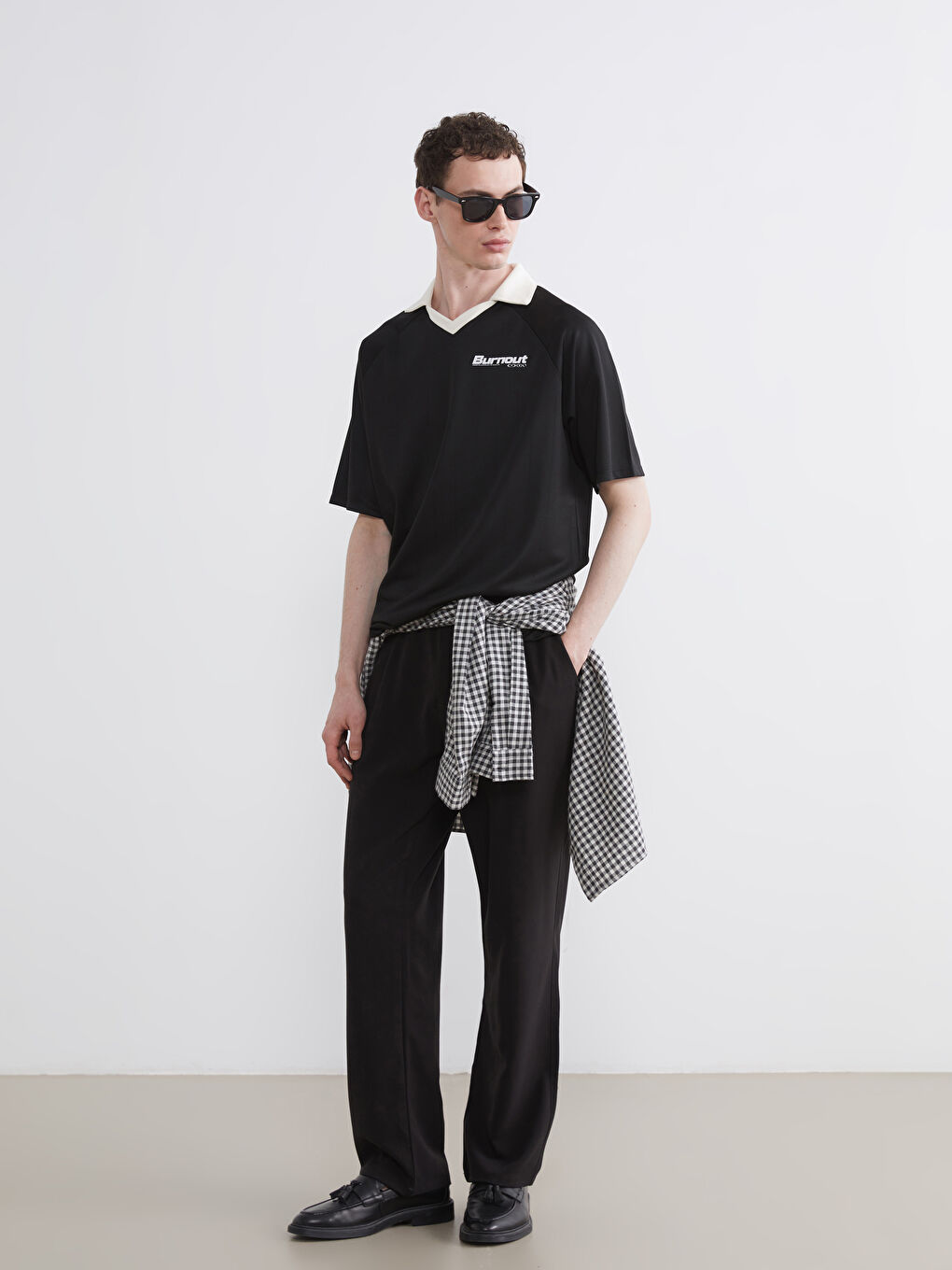 Siyah Oversize Baskılı Erkek Polo Yaka Tişört-1