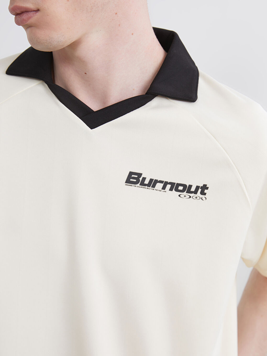 Ekru Oversize Baskılı Erkek Polo Yaka Tişört-2