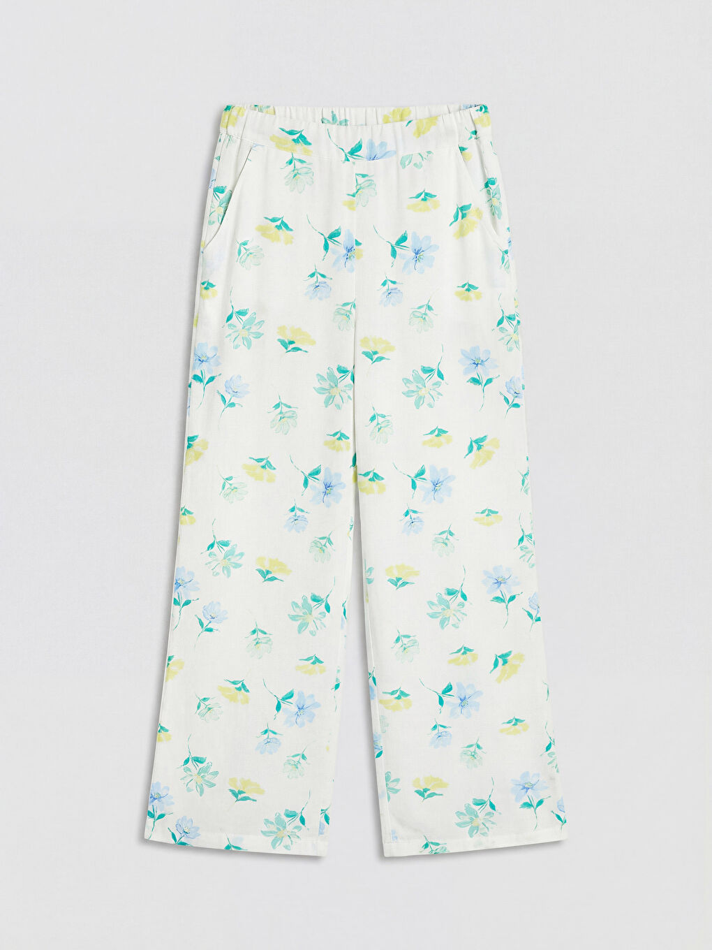 Beyaz Çiçek Desenli Kız Çocuk Poplin Pantolon