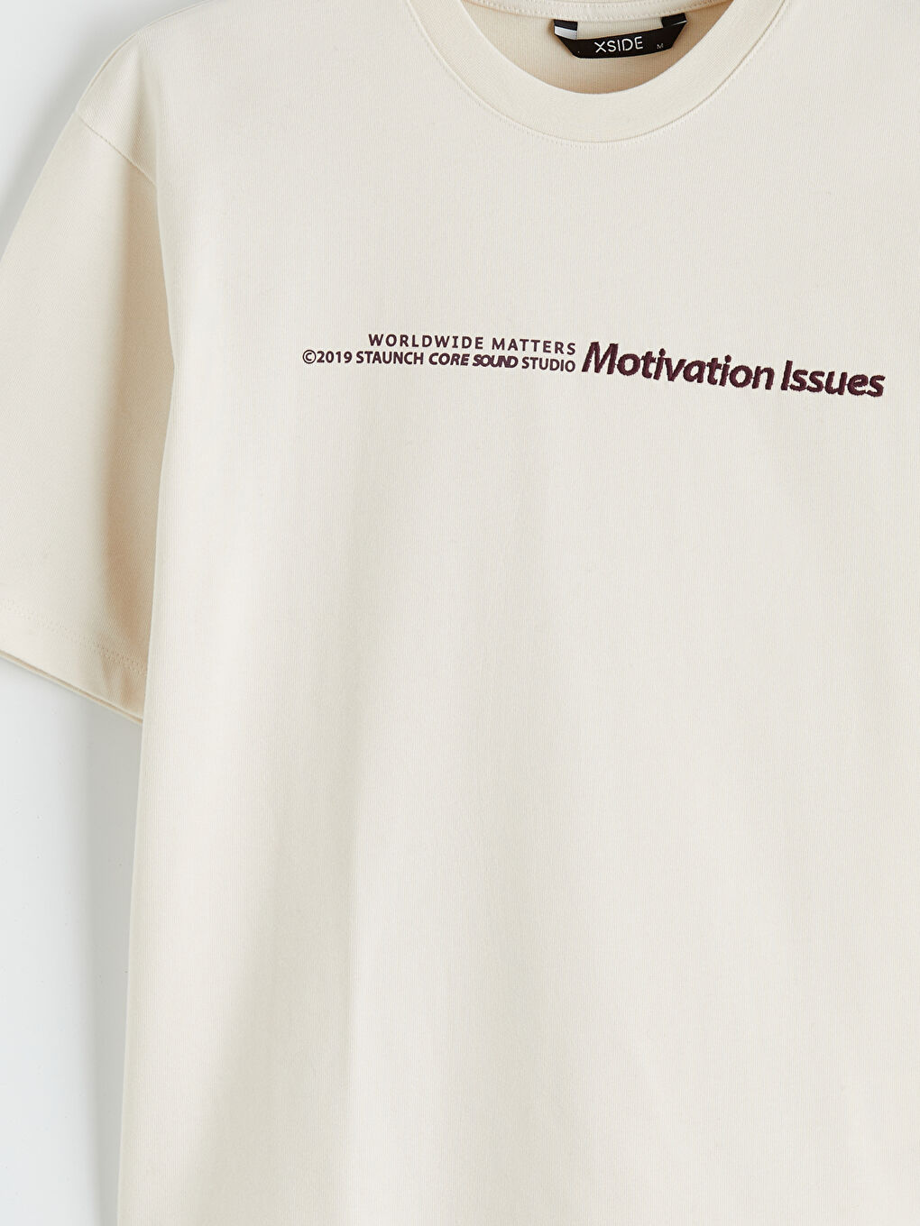 Ekru Bisiklet Yaka Baskılı Penye Erkek Tişört-1