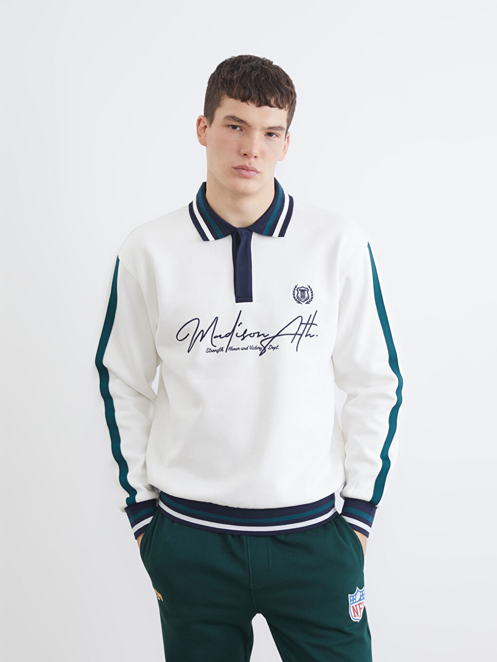 Ekru Polo Yaka Baskılı Erkek Sweatshirt