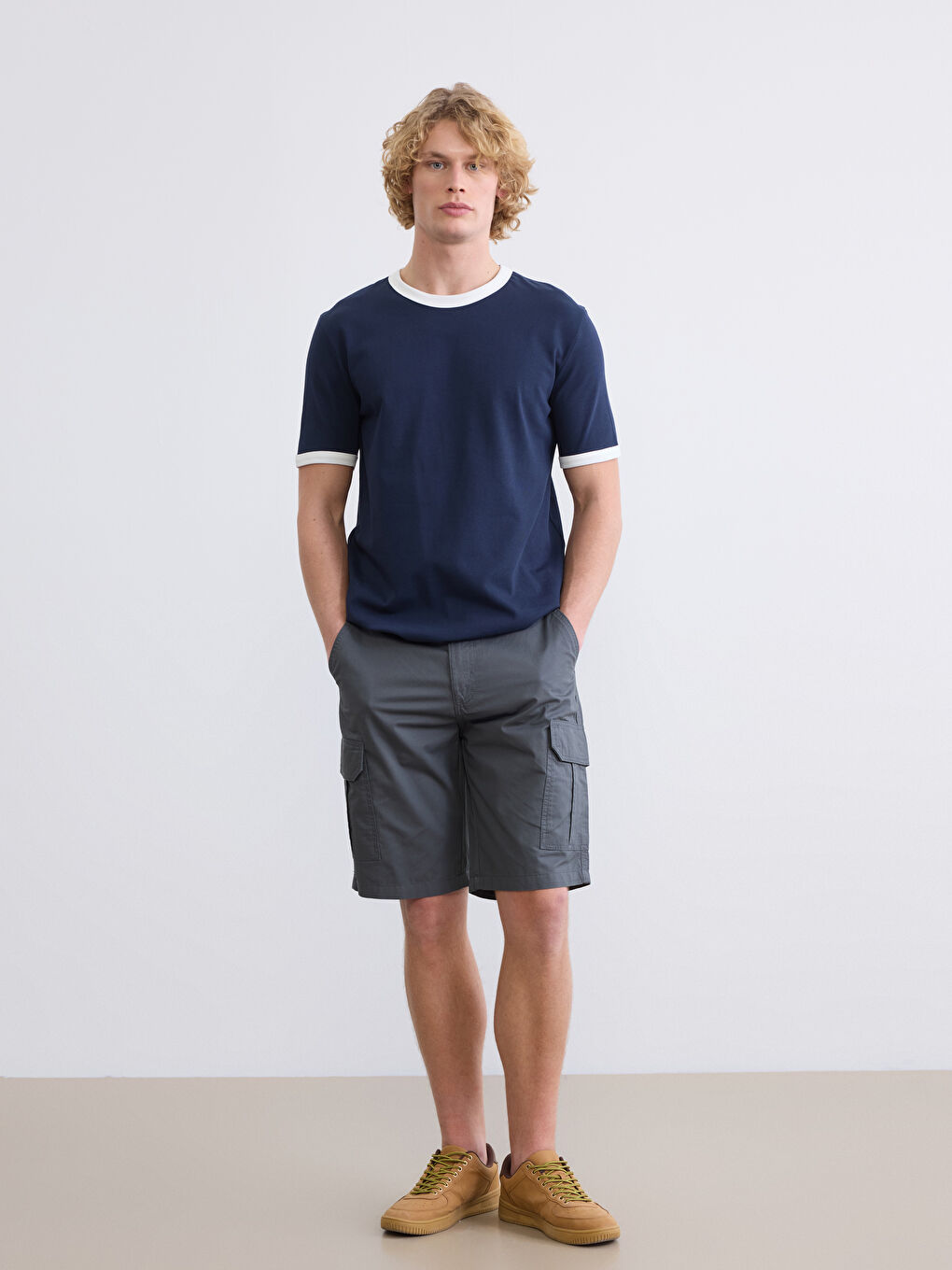 Lacivert Bisiklet Yaka Penye Erkek Tişört-1