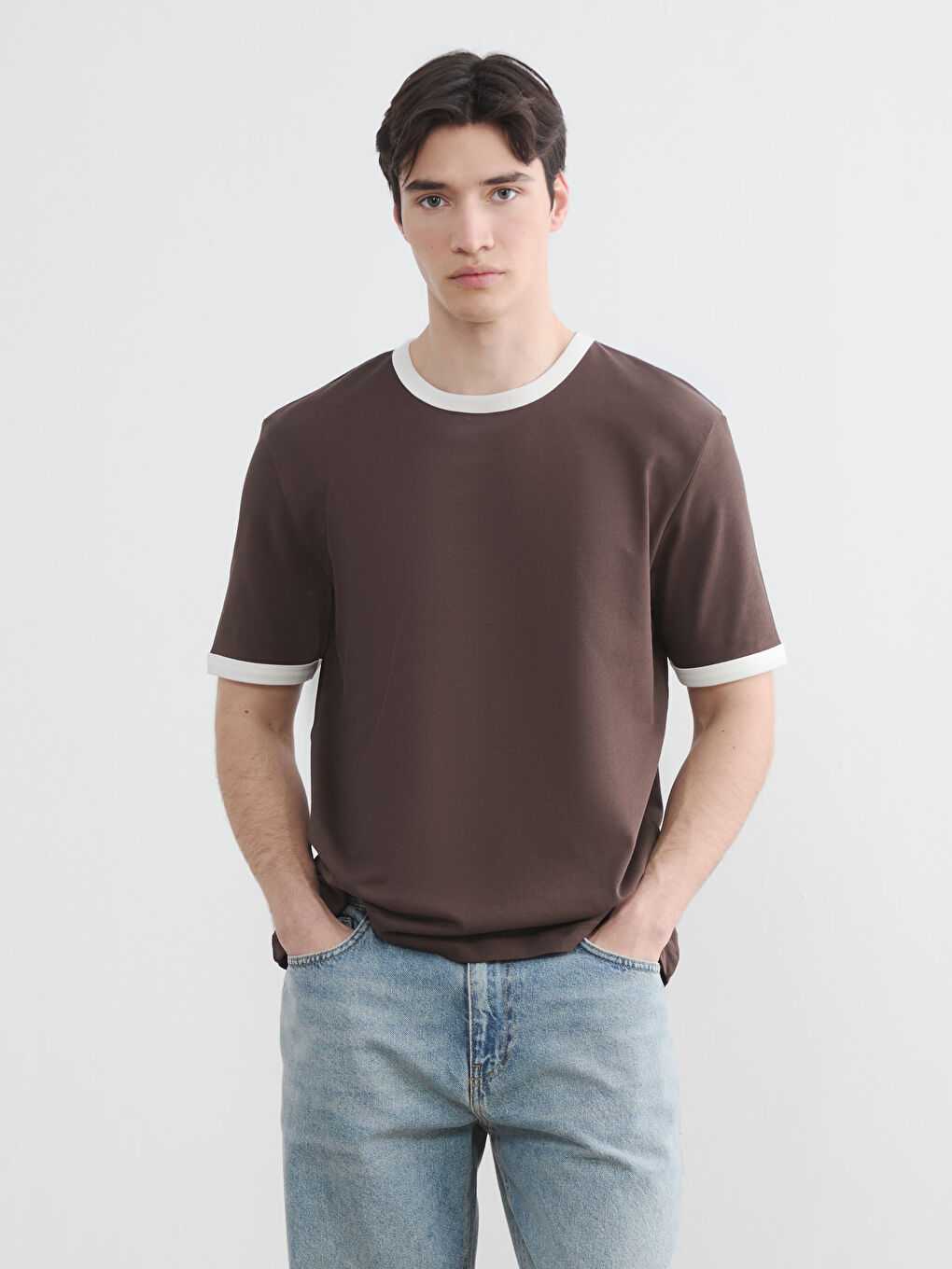 Kahverengi Bisiklet Yaka Penye Erkek Tişört