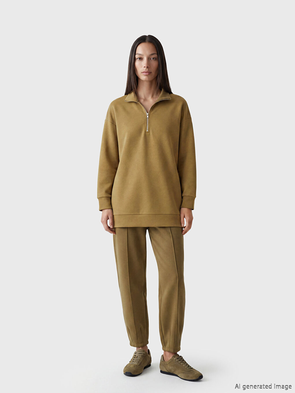 Haki Dik Yaka Kadın Sweatshirt-1