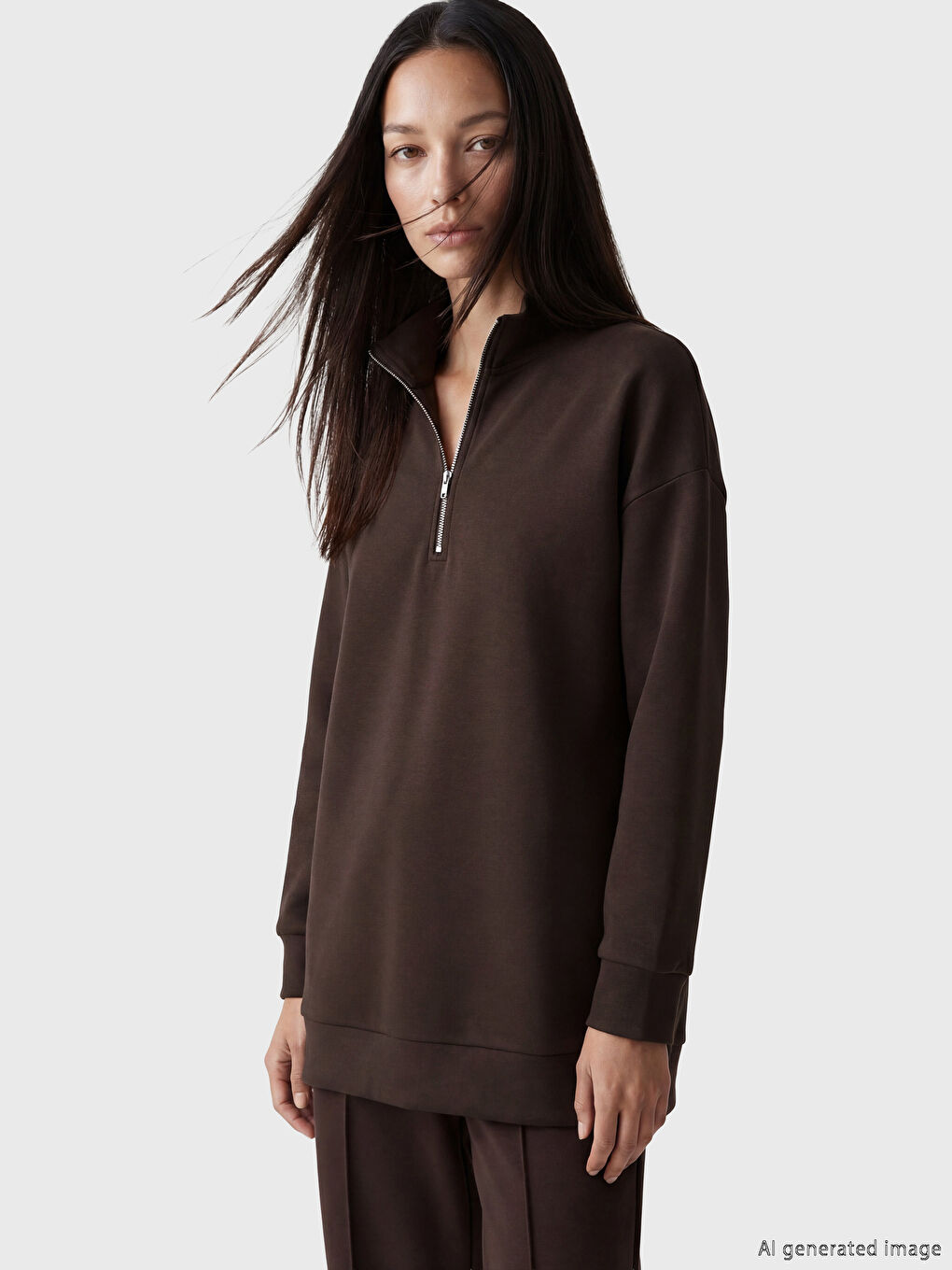 Kahverengi Dik Yaka Kadın Sweatshirt