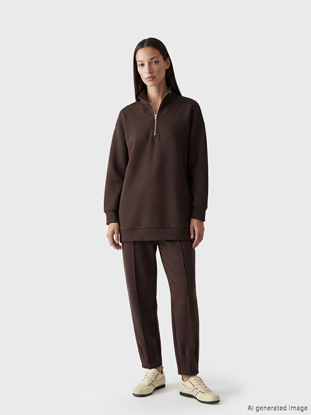 Kahverengi Dik Yaka Kadın Sweatshirt-1