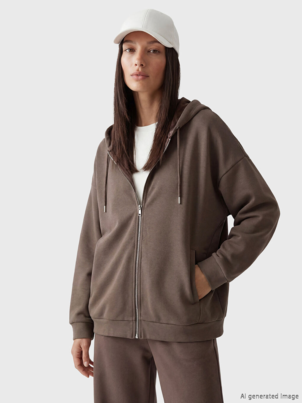 Kahverengi Kapüşonlu Kadın Fermuarlı Sweatshirt