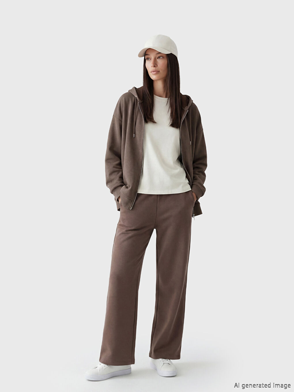 Kahverengi Kapüşonlu Kadın Fermuarlı Sweatshirt-1