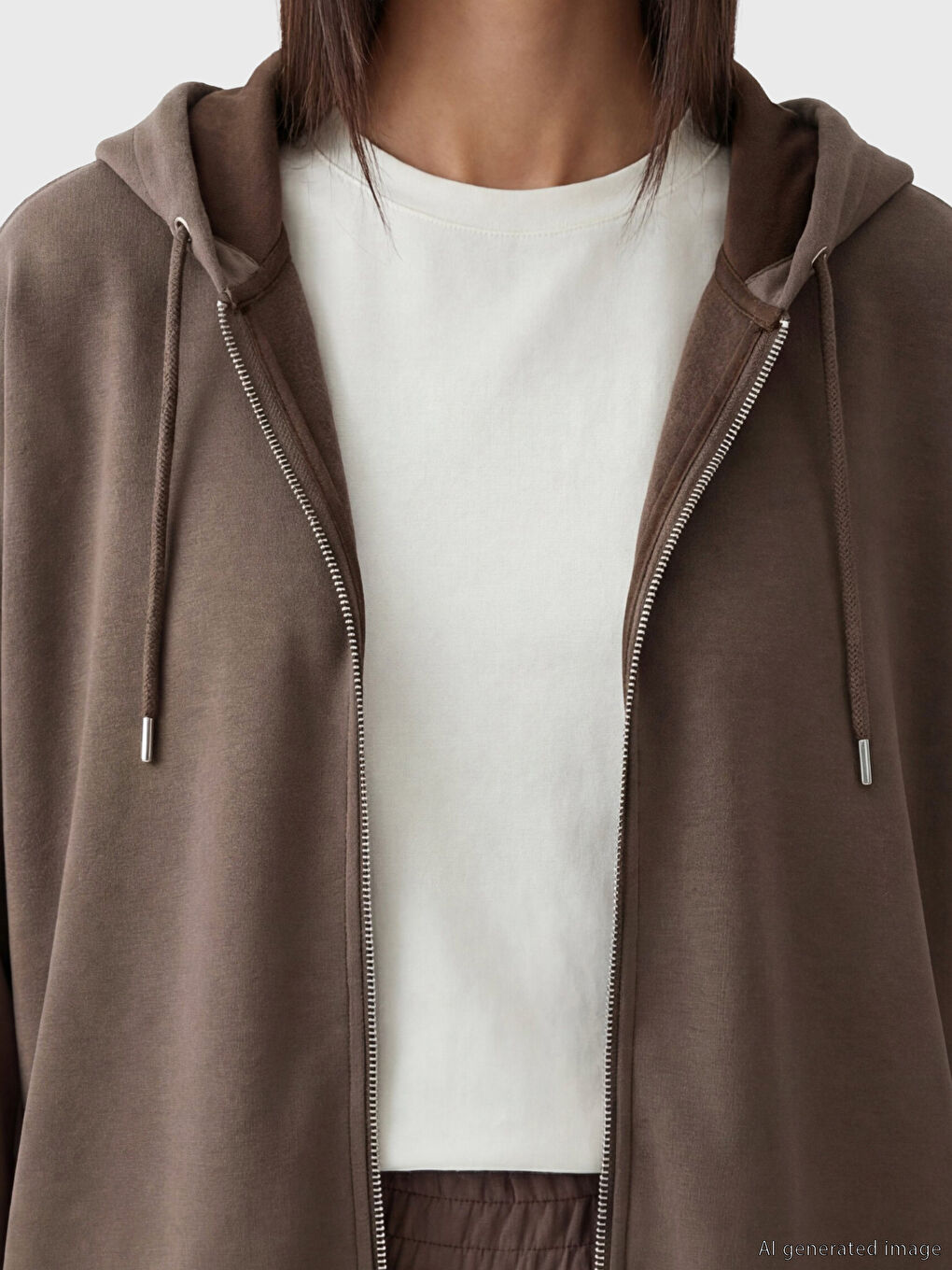 Kahverengi Kapüşonlu Kadın Fermuarlı Sweatshirt-2