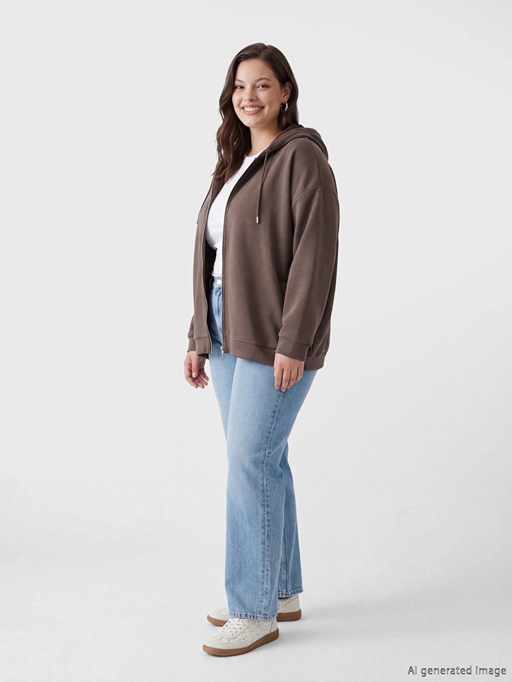 Kahverengi Kapüşonlu Kadın Fermuarlı Sweatshirt-4