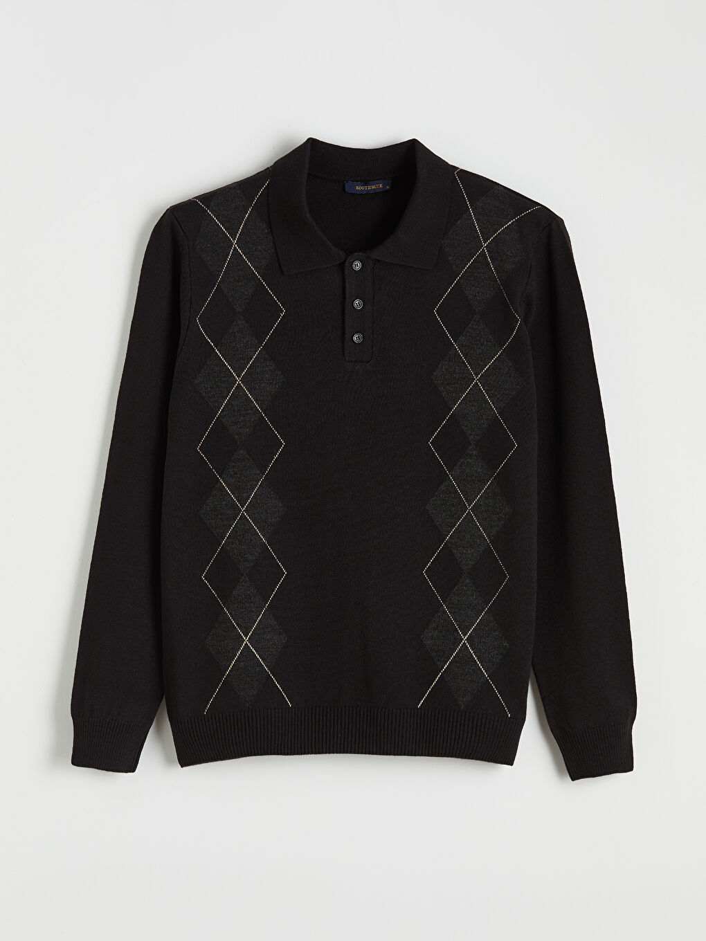 Siyah Polo Yaka Baklava Desenli Erkek Triko Kazak