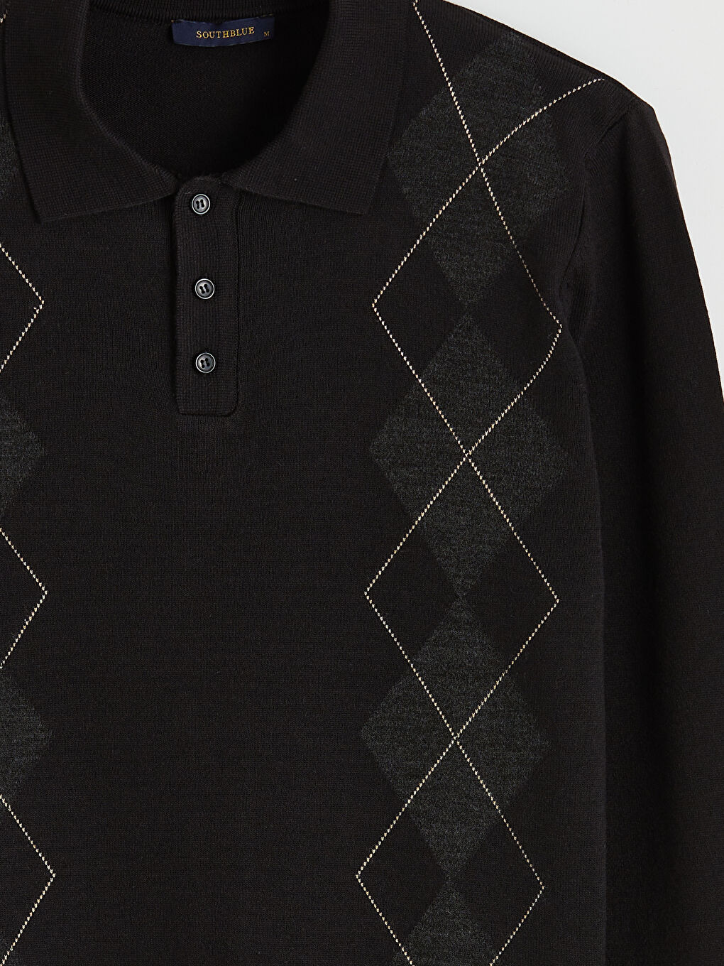 Siyah Polo Yaka Baklava Desenli Erkek Triko Kazak-1