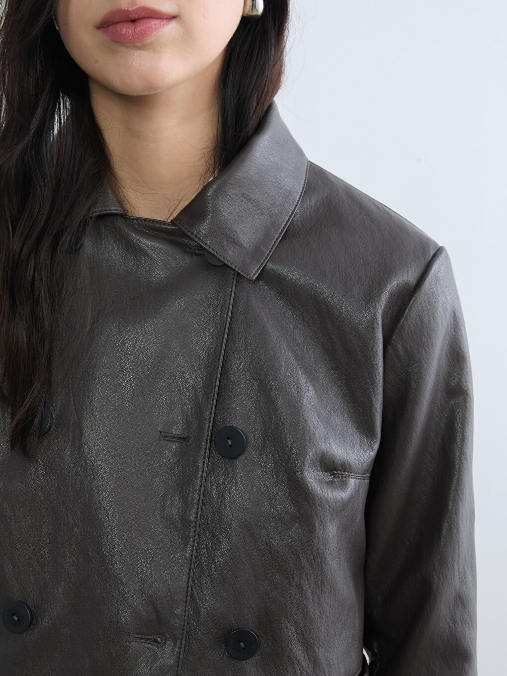 Gömlek Yaka Kadın Deri Görünümlü Ceket-2