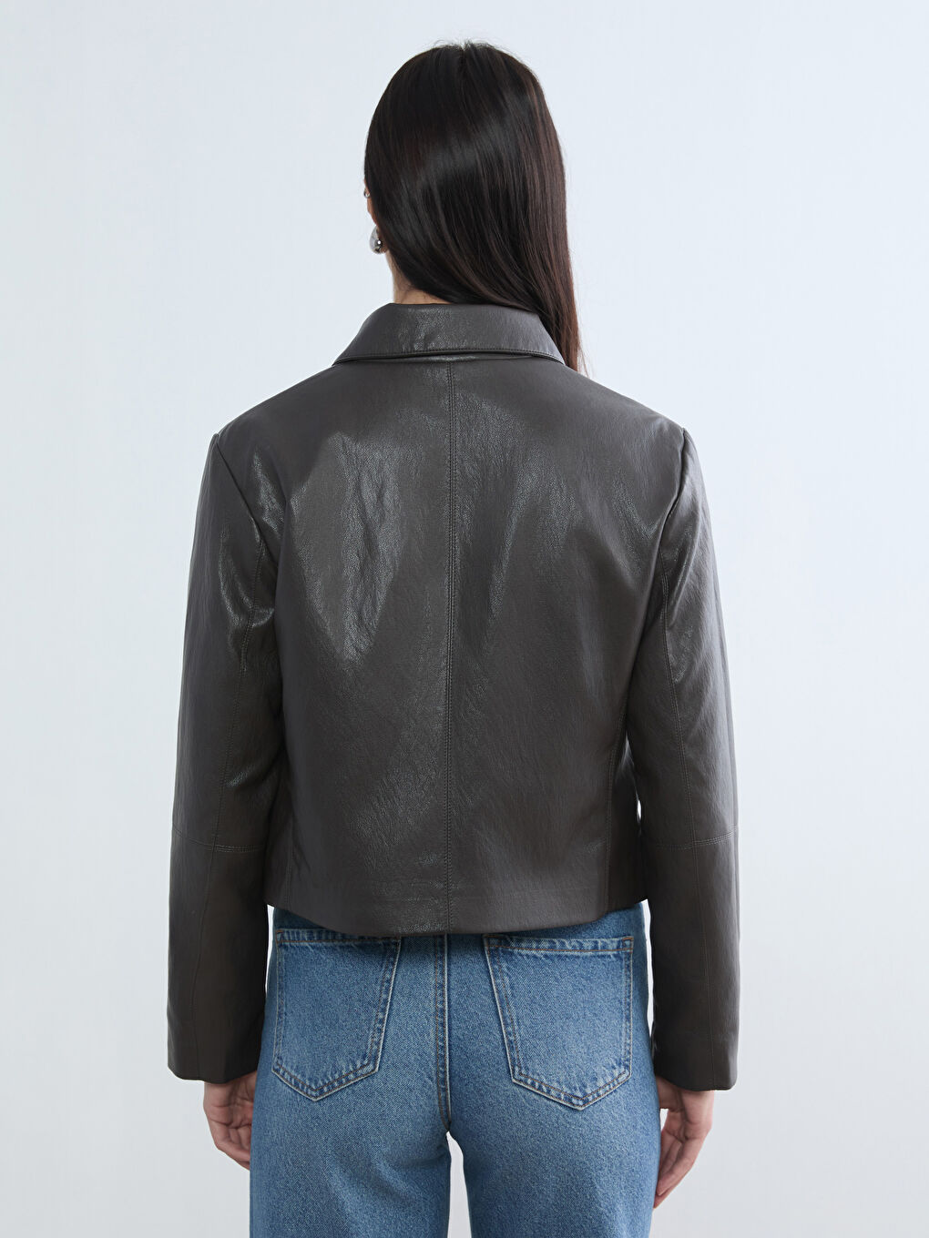Gömlek Yaka Kadın Deri Görünümlü Ceket-3
