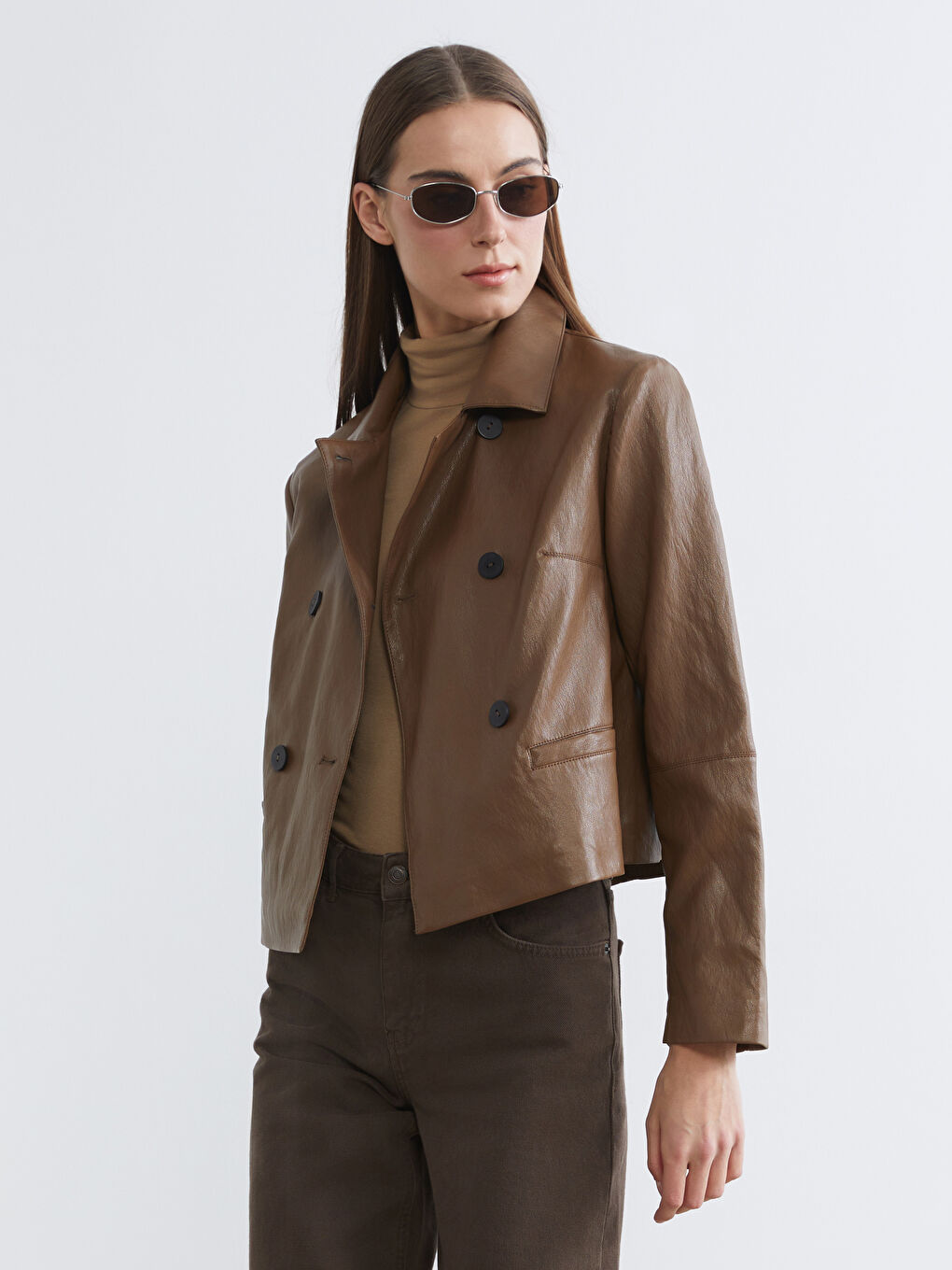 Gömlek Yaka Kadın Deri Görünümlü Ceket