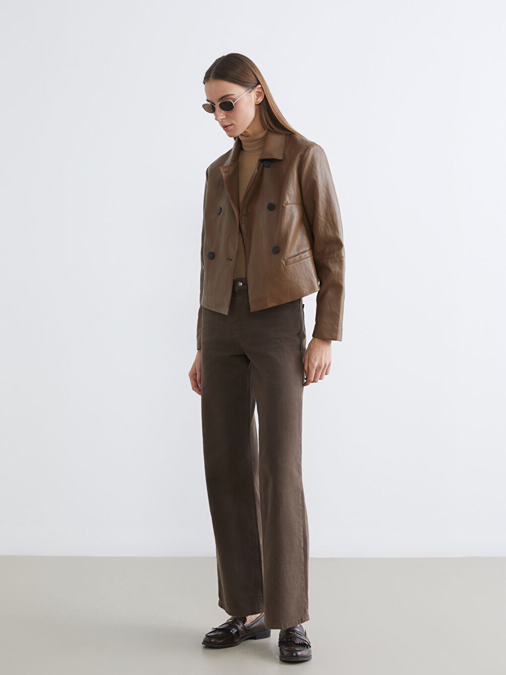 Gömlek Yaka Kadın Deri Görünümlü Ceket-1