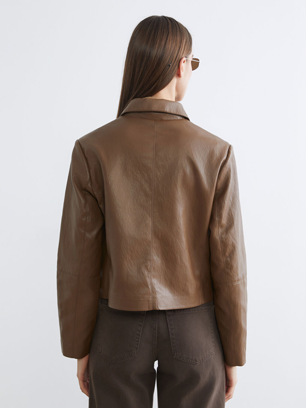 Gömlek Yaka Kadın Deri Görünümlü Ceket-4