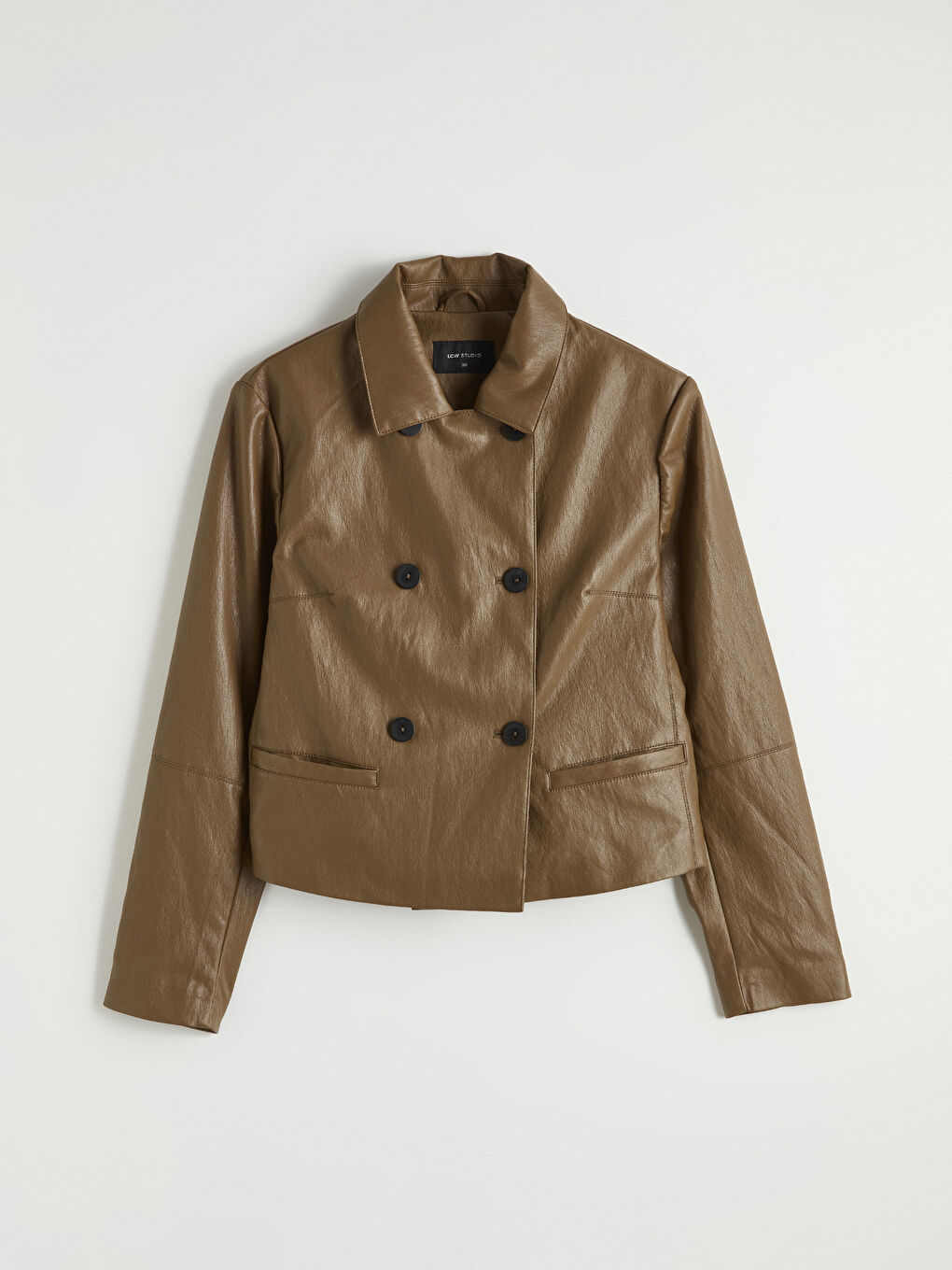 Gömlek Yaka Kadın Deri Görünümlü Ceket-5