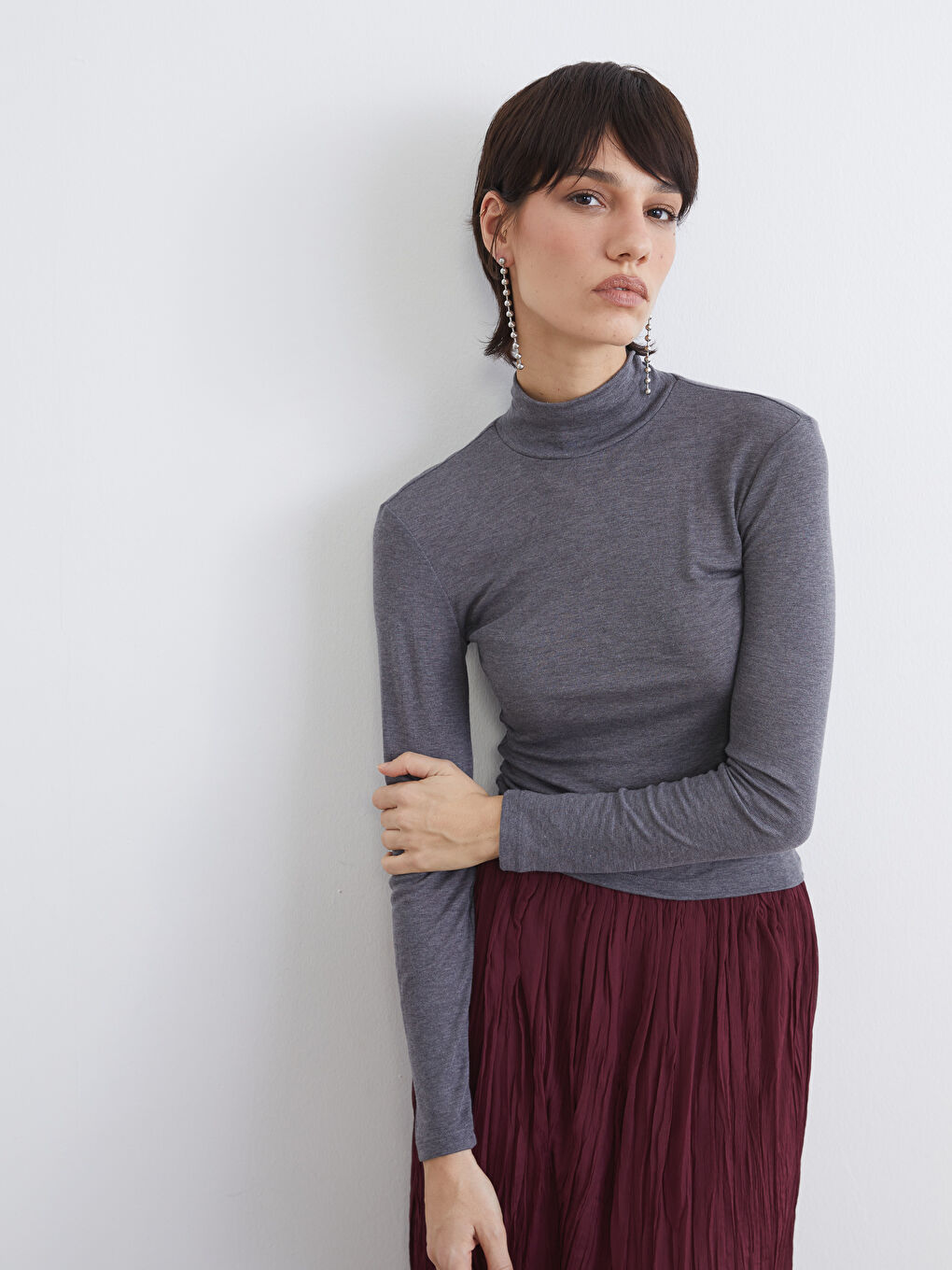 Antrasit Dik Yaka Fitilli Kadın Body