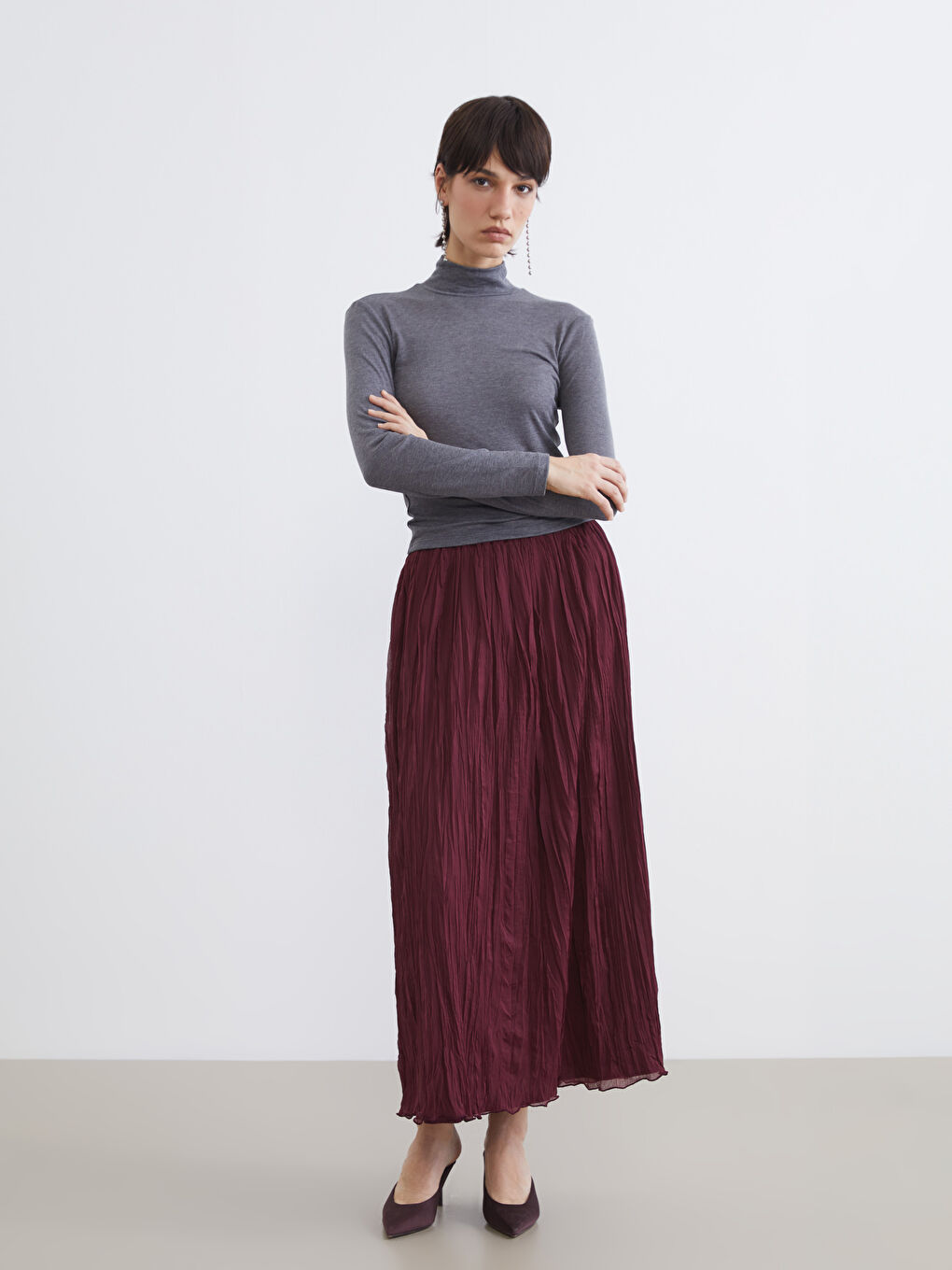 Antrasit Dik Yaka Fitilli Kadın Body-1